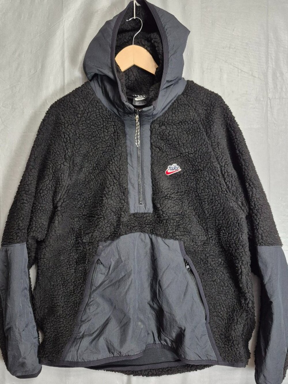 Nike Jacket Mens Large Black Heritage Sherpa Fleece Hoodie Pullover Padded